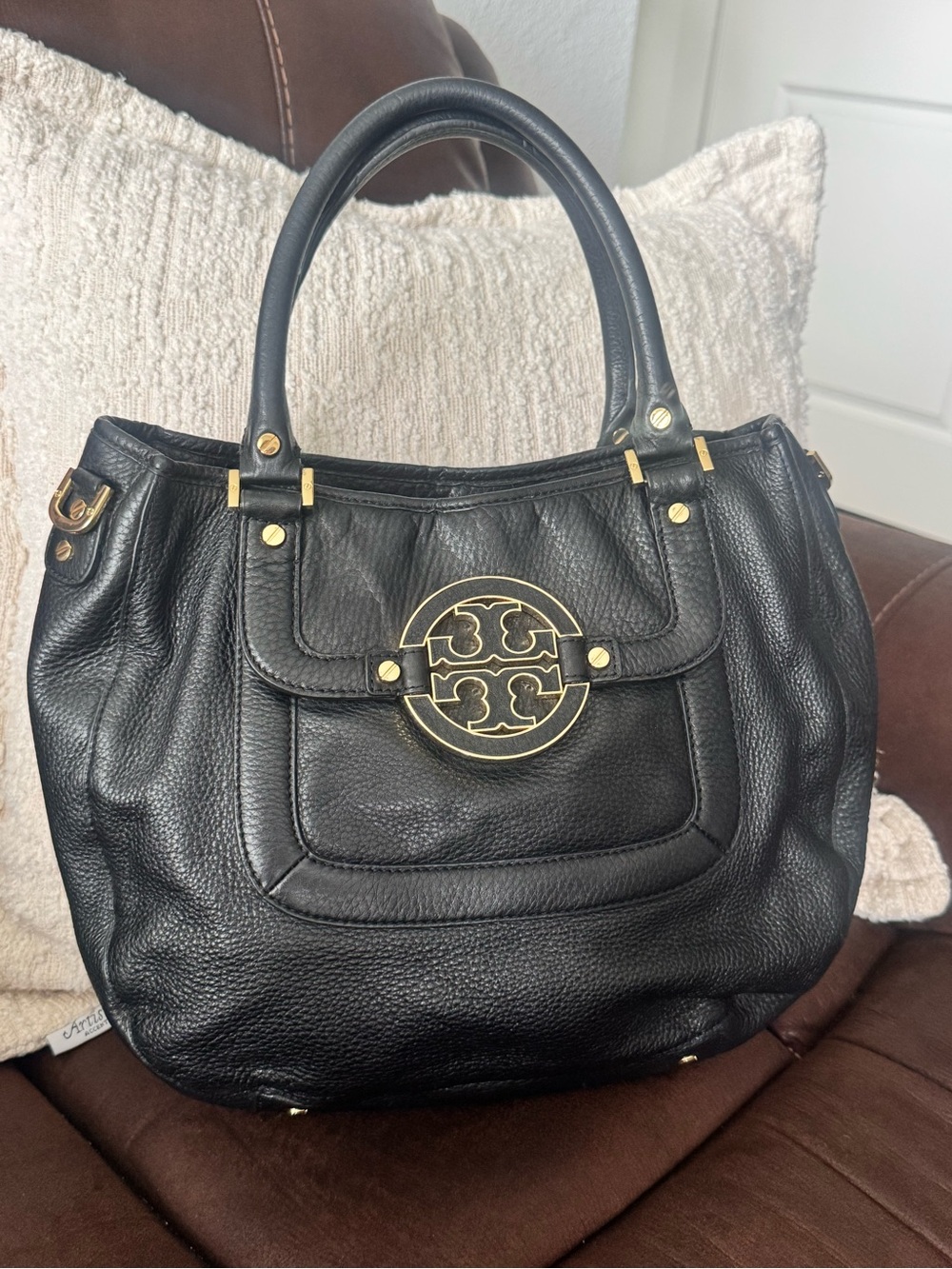 Tory Burch Black Leather Satchel with Gold Logo